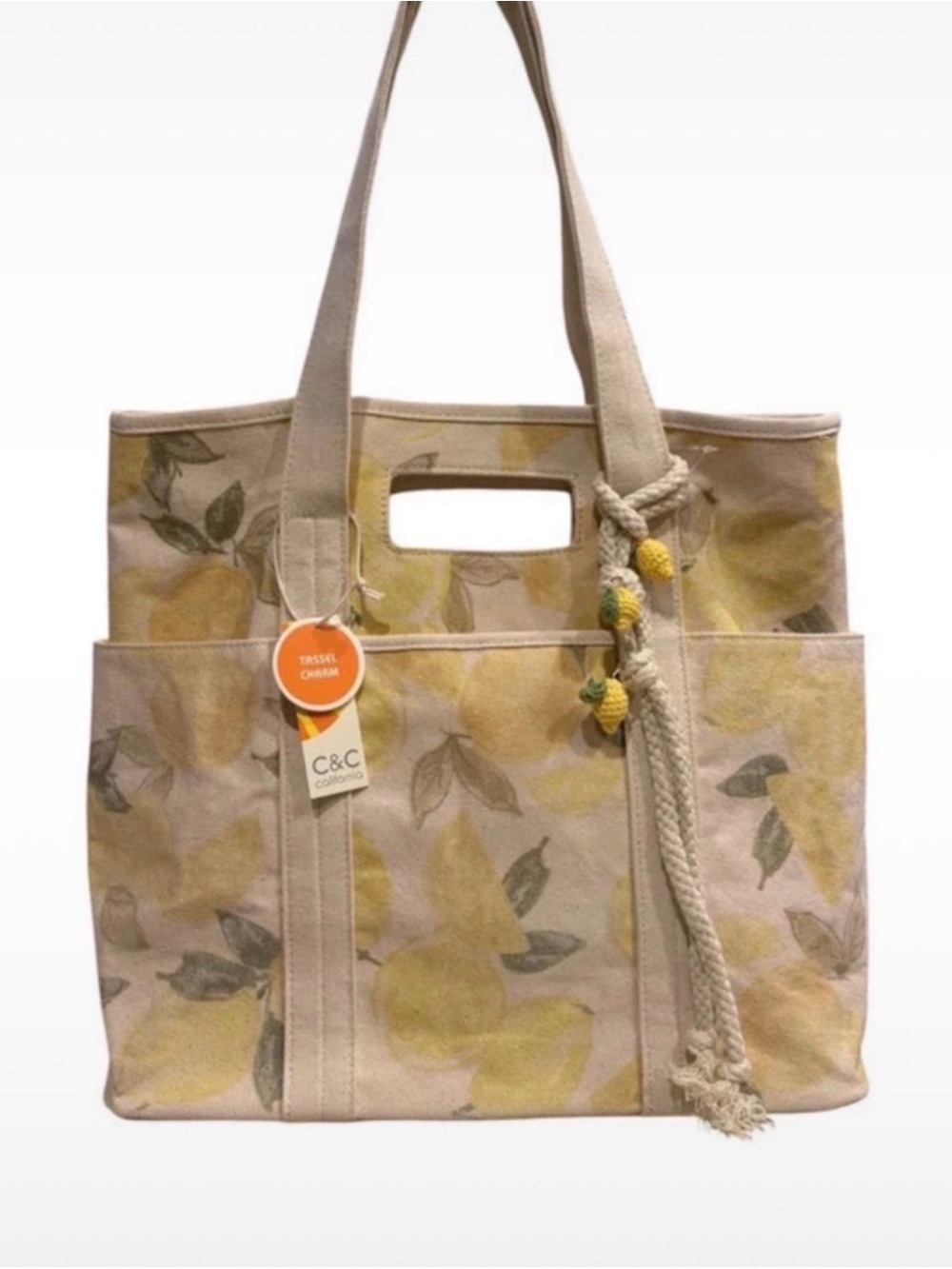 C&C California Canvas Tote with Yellow Lemon Motif and Beige Trim